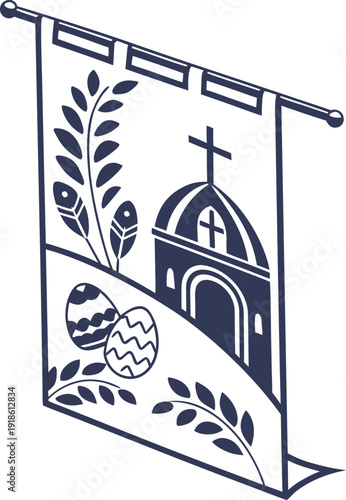 Elegant Easter Sunday Service Banner, Religious Church Event Template with Cross and Floral Decor in Flat Vector Style