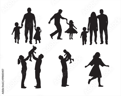 Silhouette of happy family and parents with children in various poses