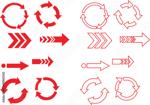 Red and outline circular arrows, chevron arrows, and simple arrows for refresh, direction, and progress indicators