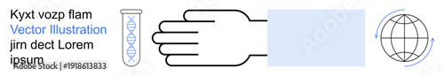 Genetic research, biotechnology, scientific data, education, health innovation, global collaboration. A hand, DNA helix and globe are . Genetic research and biotechnology concept