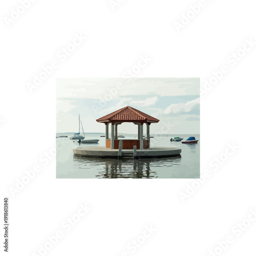 Serene gazebo over water with boats in the background