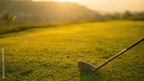 fairway. Golf club on a dewy fairway bathed in warm sunrise light, evoking tranquility. event key visuals, club posters, designed for sports event promotions and stadium branding, boosts motivation.
