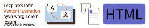 Language technology, document workflow, coding tools, multilingual communication, digital resources, learning. Translation icons, document and HTML text. Language technology and document workflow