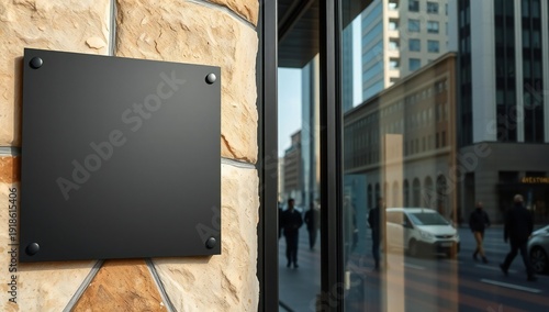 Modern black square plaque mounted on a brick wall near a glass window.
