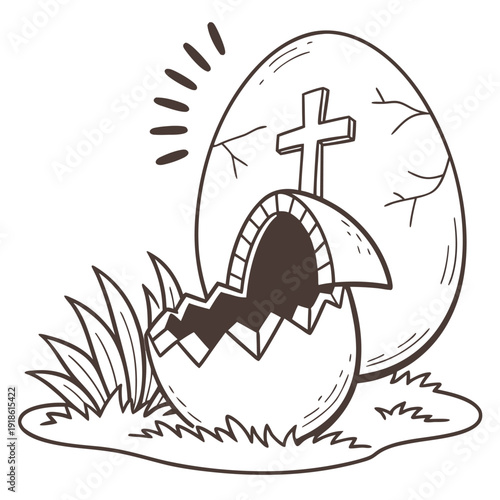 Cracked Easter Egg with Divine Light Shining from Inside, Resurrection Symbol of Jesus Christ, Flat Vector Illustration