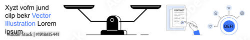 Financial technology, decentralized finance, document management, business agreements, digital transactions, blockchain. Scales, document signing and DeFi network symbol. Financial technology