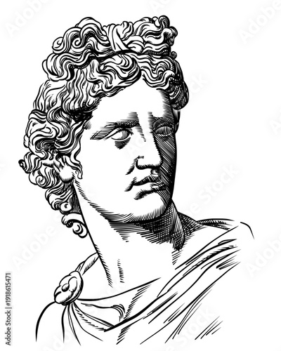 black  graphic illustration of a classical bust of Apollo. This minimalist vector-style art features the Greek god of light and music with detailed curly hair and draped robes