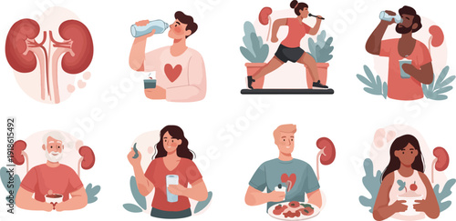 Healthy Lifestyle for Kidney Care Vector Illustration Set - World Kidney Day Concept