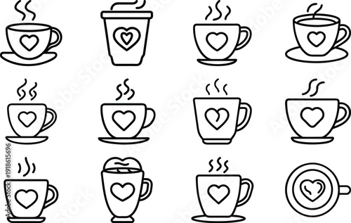 A set of coffee cup icons featuring vector illustrations of hot beverage mugs, espresso cafe symbols, and latte designs for a breakfast drink pattern