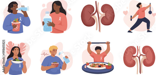 World Kidney Day Illustration Set Featuring Healthy Lifestyle Habits, Organ Health, Drinking Water, and Exercise for Renal Awareness