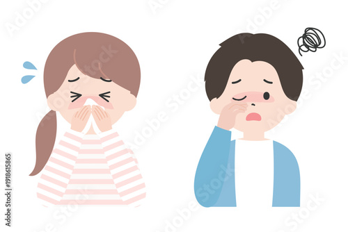 花粉症に苦しむ日本人の男性と女性のイラストセット