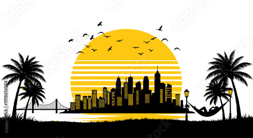 Tropical Sunset City Skyline Silhouette with Palm Trees and Beach Illustration