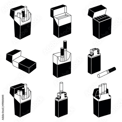 Cigarette packs and lighters in various open positions
