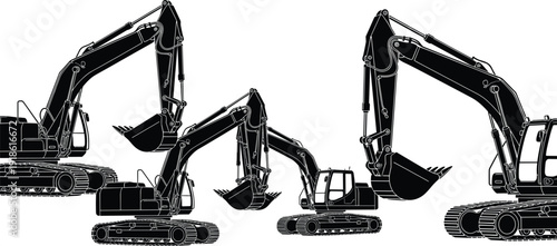 Crawler Excavator Heavy Construction Machinery Set Black Silhouette Vector Illustration Collection Featuring Hydraulic Digger Equipment Isolated on White Background