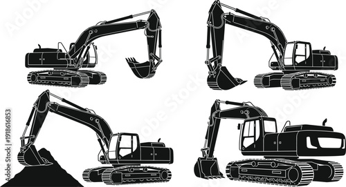 Crawler Excavator Silhouette Set with Hydraulic Arm and Bucket Heavy Construction Machinery Vector Illustration Isolated on White Background for Industrial Design