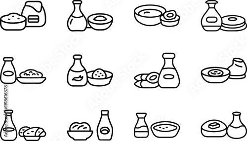 Seamless set of hand drawn food and drink icons including coffee, tea, cake and breakfast items in vector doodle style