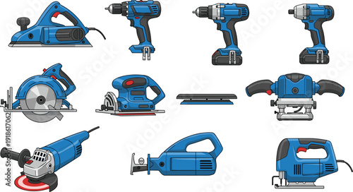 Electric Power Tools Set with Drill Saw Grinder and Jigsaw Vector Illustration Isolated on White Background for Construction and Workshop Design