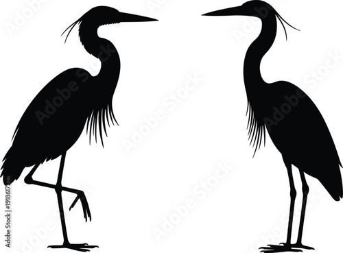 Elegant heron bird silhouettes facing inward, long legged wading birds vector illustration, wildlife nature emblem for wetland conservation, coastal logo design isolated on white