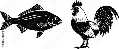 Fish and rooster silhouettes in detailed black vector style, aquatic and farm animal illustrations for food industry branding, agriculture symbol design isolated on white