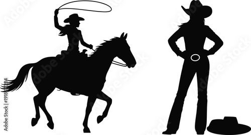 Female cowgirl silhouettes featuring rodeo rider with lasso on horse and confident western woman standing, country lifestyle symbol, ranch culture vector isolated on white background