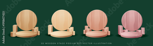 3D Wooden Round Podium Stage Display Set for Product Presentation Vector Illustration