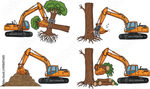 Excavator Removing Tree and Digging Soil Construction Machinery Deforestation Process Vector Illustration Set Isolated on White Background for Land Clearing Design