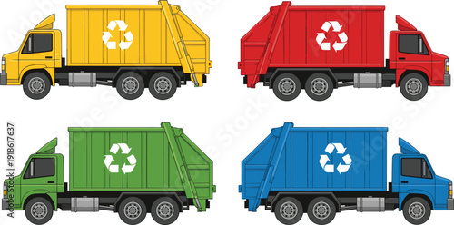 Flat vector illustration set of colorful garbage trucks in yellow red green and blue with recycling symbols for waste management sanitation and environmental branding