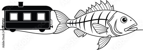Fish Pulling Train Carriage Cartoon Style Black and White Vector Illustration Isolated on White Background for Creative Concept and Surreal Design