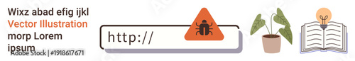 Cybersecurity, online safety, technology education, identity theft, malware awareness, internet literacy. Bug warning sign on URL bar, plant book with bulb. Cybersecurity and online safety