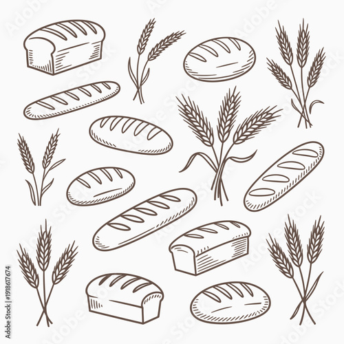 Assorted bread loaves and wheat ears illustration