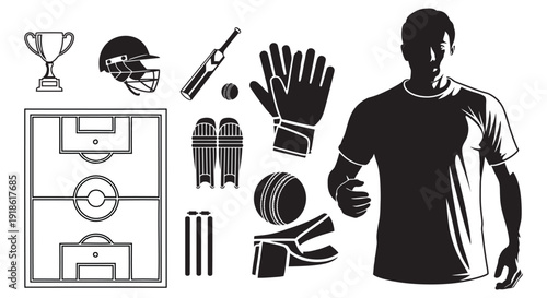 Cricket equipment and player silhouette