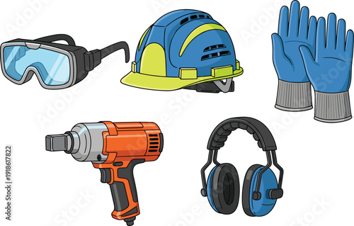 Flat vector illustration set of industrial personal protective equipment including safety helmet goggles gloves earmuffs and power drill for construction site worker safety branding