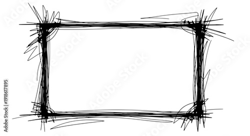 Hand drawn black rectangular frame with rough edges on white background viewed straight on