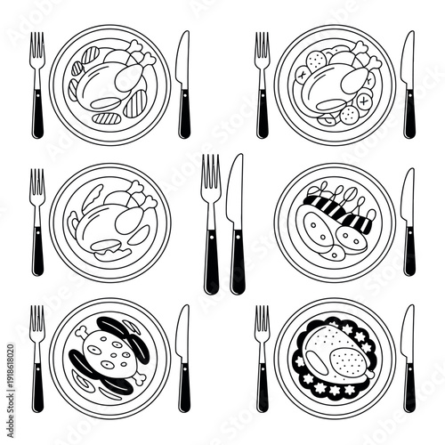 Various delicious meals served on plates with utensils