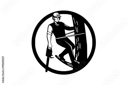 Professional vector silhouette set of woodcutters, chainsaw operation, tree climbing with rope, isolated background