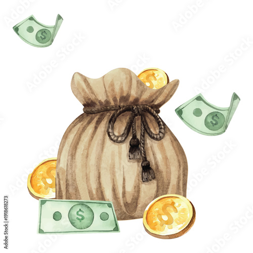 old money bag illustration coin and paper money