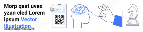 Identity verification, cognitive science, critical thinking, problem-solving, artificial intelligence, strategic planning. QR code with text, human head with lines chess knight. Identity