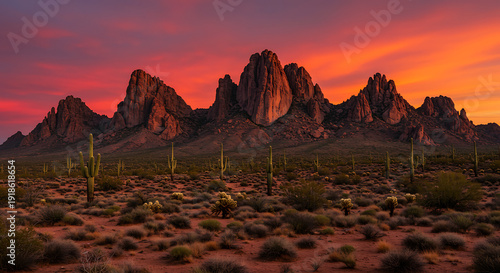 Arizona desert landscape at dusk with vibrant sky and rocky formations.