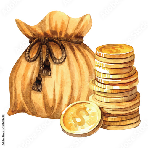 Money Coin gold with old bag 