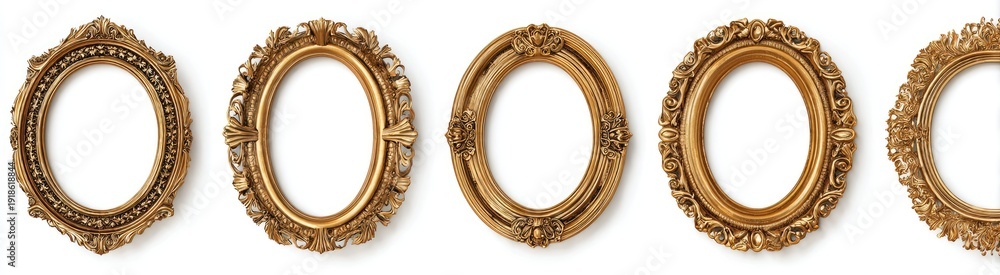 Obraz premium Gold, ornate picture frames in a row. Various shapes, intricate carvings, against a white backdrop