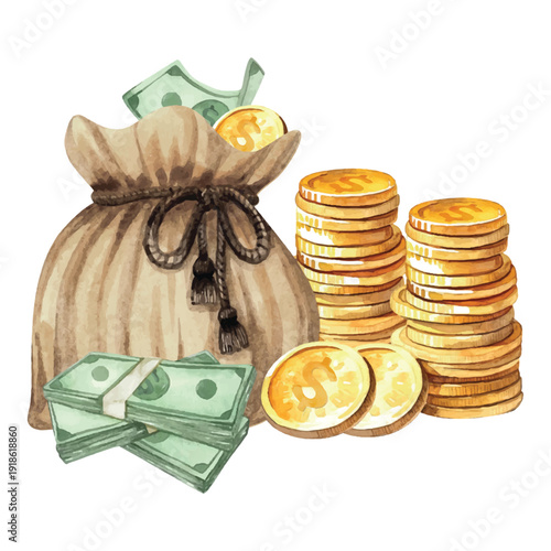 Money paper and coin gold illlustration with bag