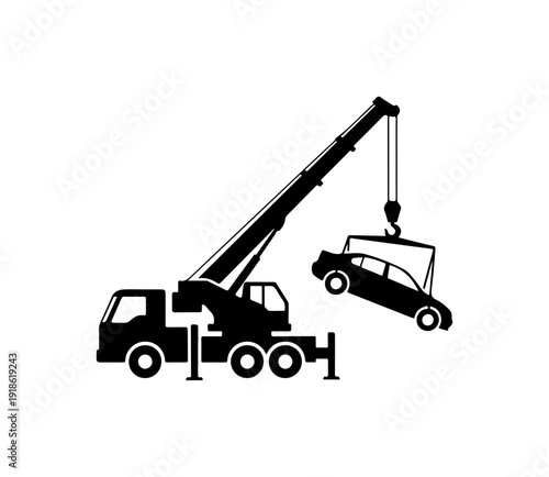 Tow Truck Lifting Car - Black Vector Illustration