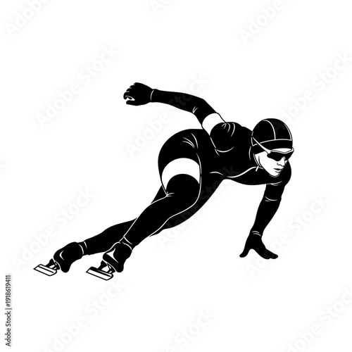Black and White Speed Skating Silhouette Vector on White Background, Winter Sports Icon Illustration