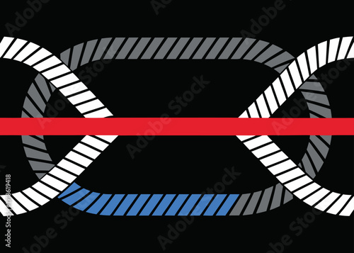 A set of interlocking rope loops in white grey and blue colors intersected by a single bold horizontal red line on black.