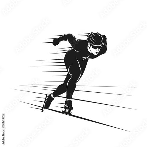 Black and White Speed Skating Silhouette Vector on White Background, Winter Sports Icon Illustration