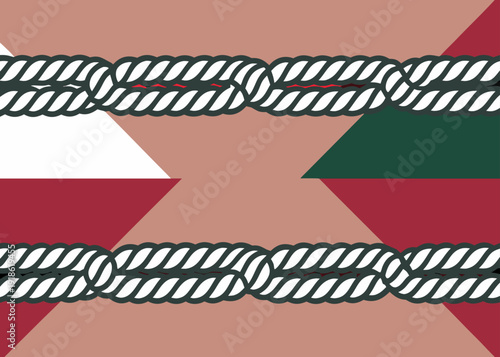 Two rows of white looped rope segments stretching across a geometric background consisting of dark green and reddish brown triangular shapes.