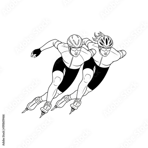 Black and White Speed Skating Silhouette Vector on White Background, Winter Sports Icon Illustration