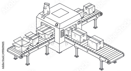 Automated Packaging Machine with a Cat Overseeing Operations.