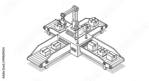 Automated Robotic Arm Sorting Packages on Conveyor Belts in a Factory.