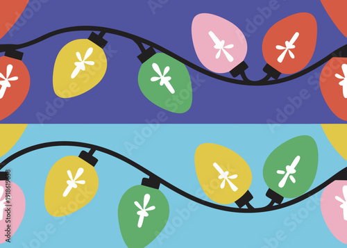 Large colorful vintage style light bulbs with white internal filaments hang from black wavy wires against purple and light blue background panels.